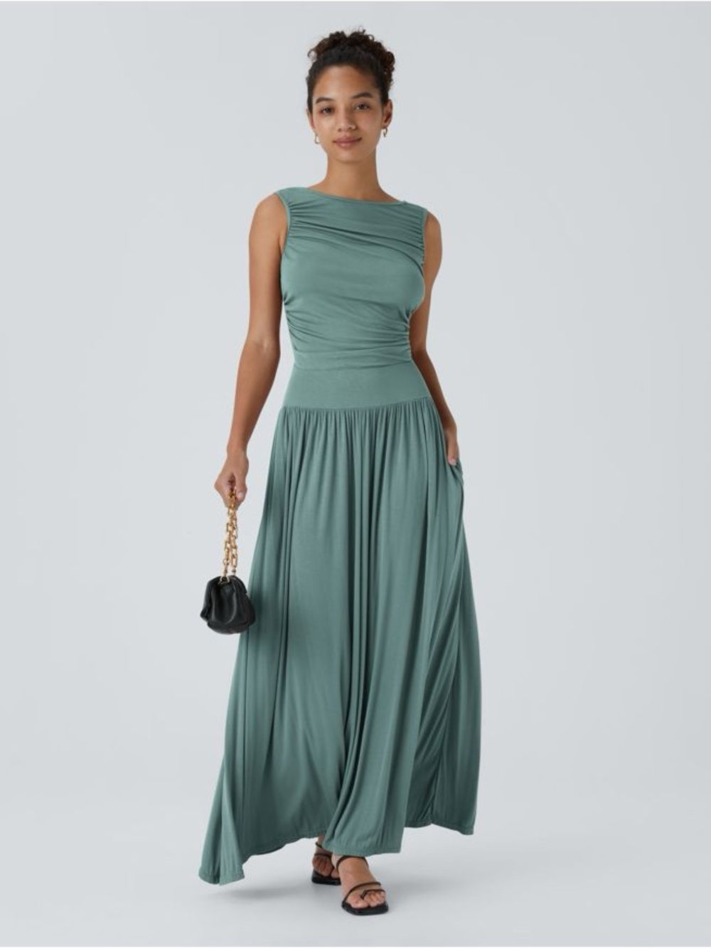 Halara Ribbed Boat Neck Asymmetric Strap Ruched Pocket Flowy Maxi Casual Dress